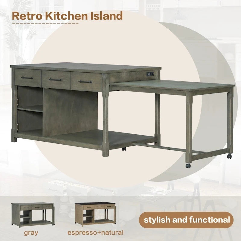 Retro dřevěný rozšiřitelný kuchyňský ostrůvek s vestavěnými zásuvkami a šuplíky