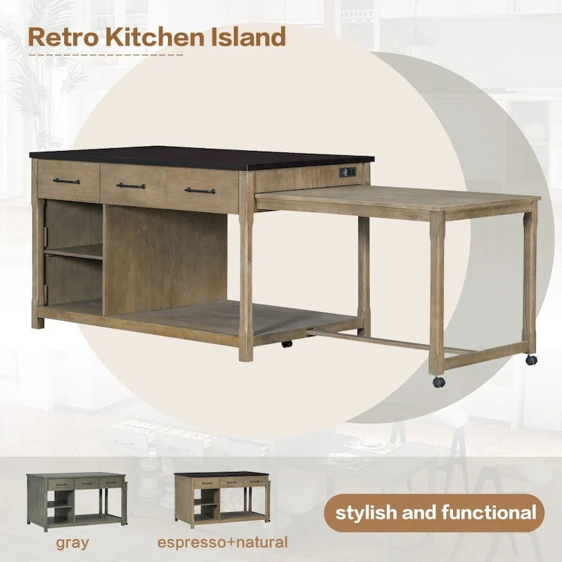 Retro dřevěný rozšiřitelný kuchyňský ostrůvek s vestavěnými zásuvkami a šuplíky