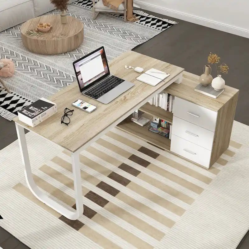55" L-Shaped Computer Desk with Reversible Storage Cabinet, Home Office Workspace