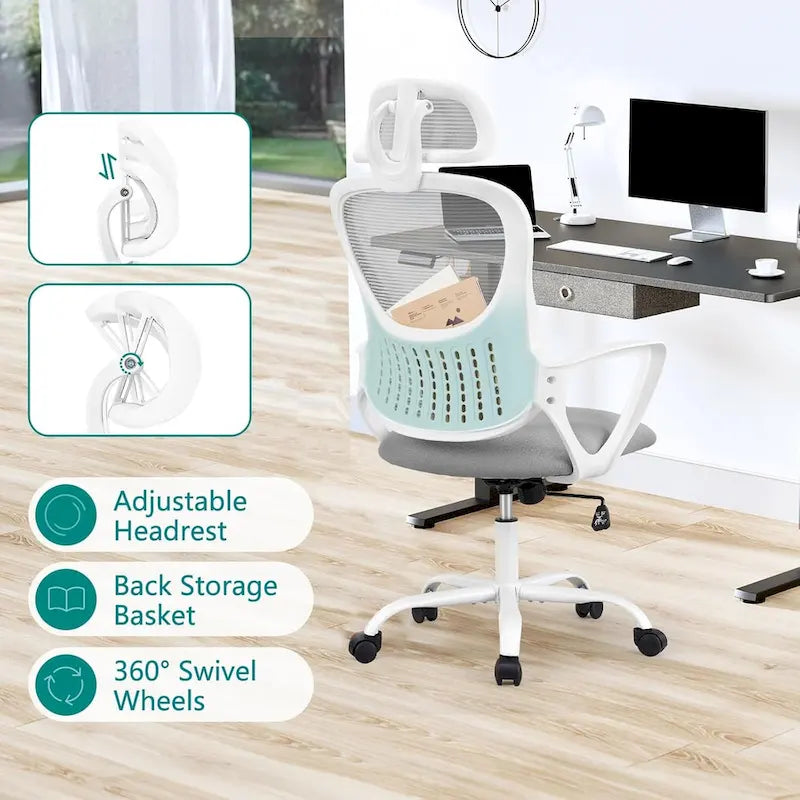 Ergonomická kancelářská židle, Pohodlná počítačová židle se síťovaným vysokým opěradlem s pevnými područkami a nastavitelnou opěrkou hlavy, Otočná kolečková židle