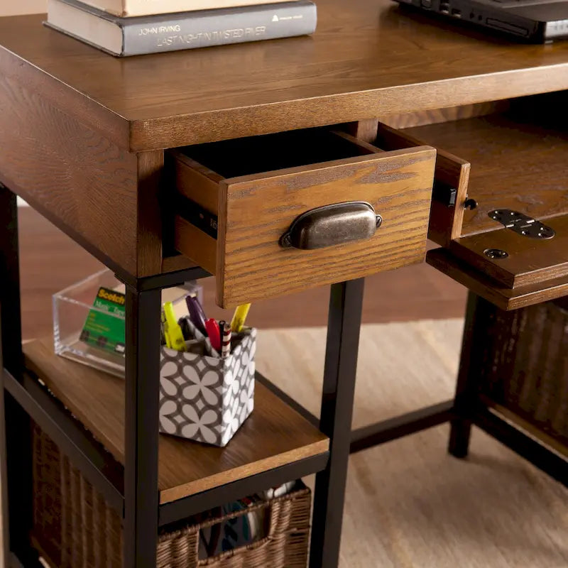 Industrial Farmhouse Wood Desk with Storage Drawers, Removable Baskets & Open Shelves