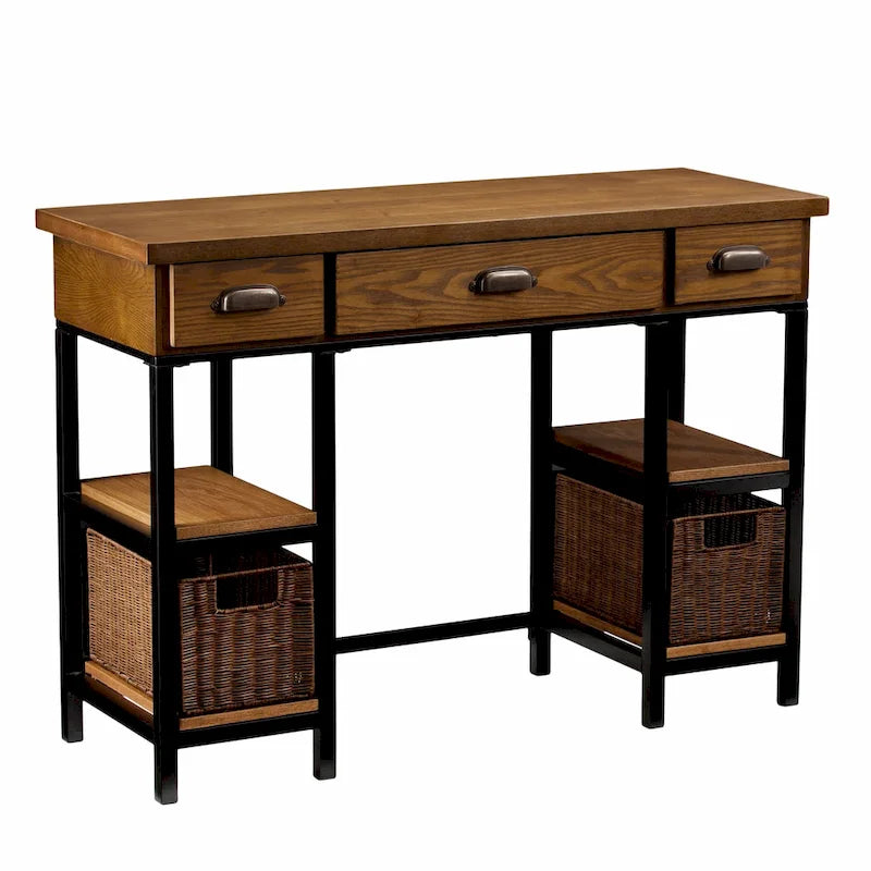 Industrial Farmhouse Wood Desk with Storage Drawers, Removable Baskets & Open Shelves