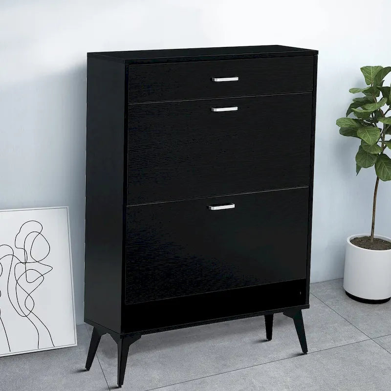 Minimalistický botník do předsíně s výklopnými zásuvkami, větracími otvory a kovovými nohami, pojme 12 párů bot